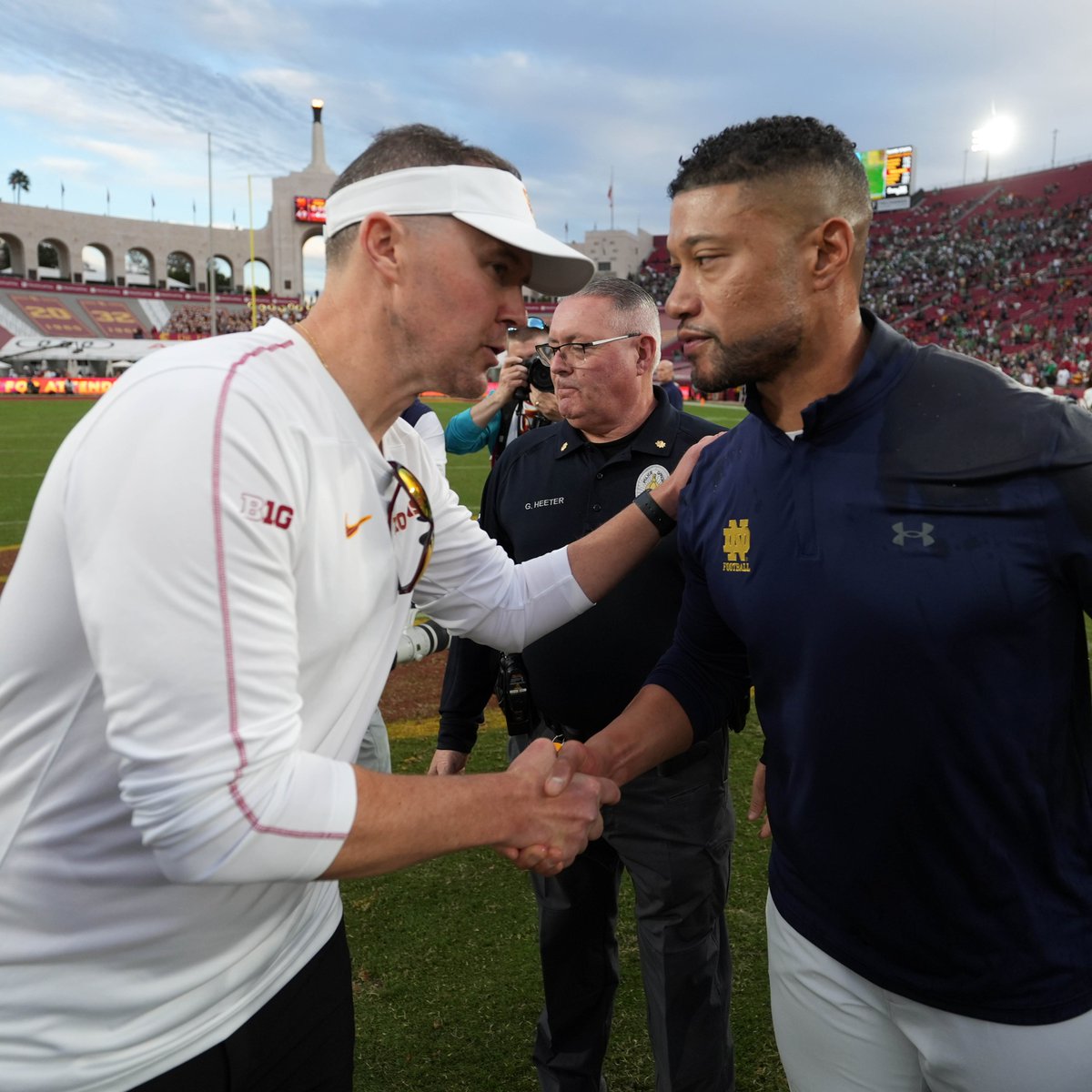 tbhorka's tweet photo. Lincoln Riley asked to comment on Notre Dame vs. USC, per @petenakos: "We will at the appropriate time."

Marcus Freeman asked about Notre Dame vs. USC: "If it was up to me, we would play them every single year for the rest of college football."

Not cut from the same cloth. https://t.co/uIINQbybJa