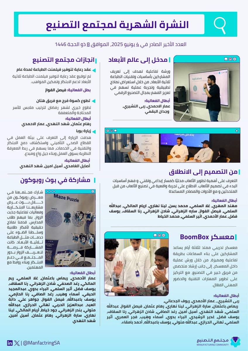 نشارككم ثالث نشراتنا الشهرية لشهري مارس وابريل، حيث نضيء على إنجازات ملهمة وفعاليات مميزة. كل الشكر لأبطالنا الذين كانوا خلف هذه النجاحات! 🚀🔧

#مجتمع_التصنيع | #مصنع_لأفكارك