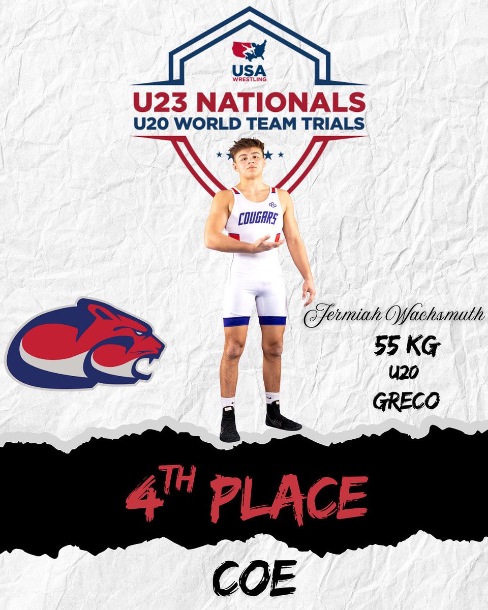 🚨Cougar Update🚨
Redshirt freshman, Jeremiah Wachsmuth placed 4th at U20 World Team Trials at 55KG in Greco. Great work JDub🤝🏽
#COE #ClackU