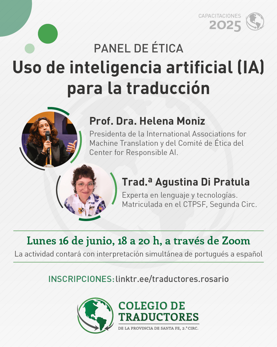 🟢 Te invitamos a participar del Panel de ética en el uso de la inteligencia artificial (IA) para la traducción.

Está destinado a profesionales de todos los idiomas y contará con interpretación simultánea de portugués a español.

✍️ Link de inscripción: forms.gle/eKKnMzn4H2RMp4…