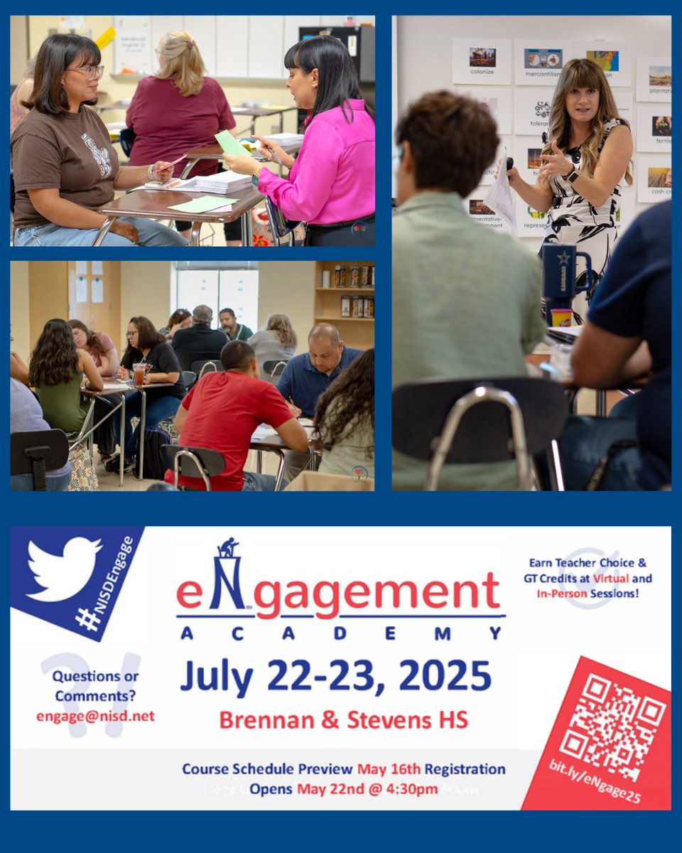 Registration for this year's eNgagement Academy is open. You can review the sections by visiting tinyurl.com/yl7hlnzl You must register through Unified Talent. 

Good luck! 
#LetsTeachAndLearnNISD #ThisIsNorthside #BeLegendary #TeamNISD