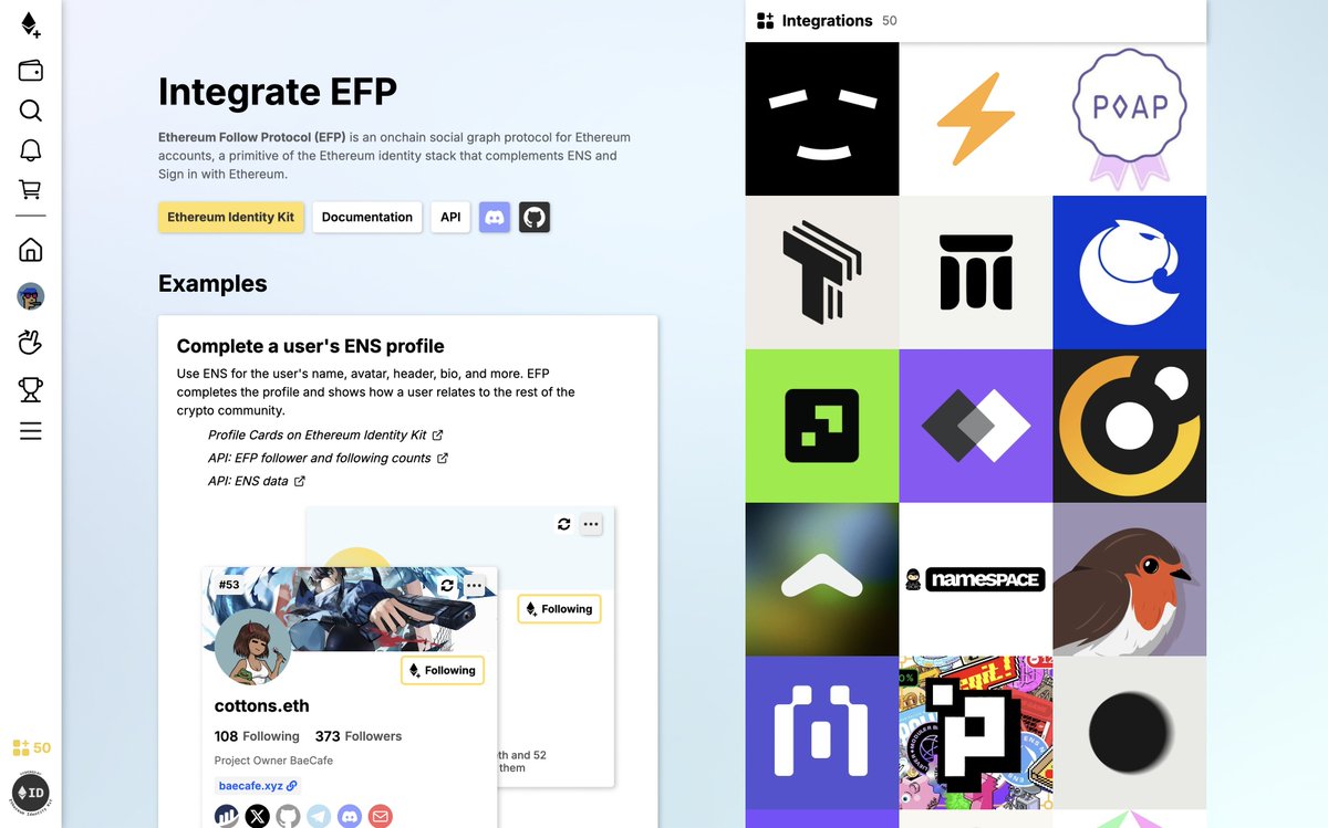 brantly.eth (@brantlymillegan) on Twitter photo Very happy to announce <a href="/namespace_eth/">Namespace</a> as the **50th** integration for <a href="/efp/">Ethereum Follow Protocol | efp.eth</a>!
a HUGE thanks to them and to *everyone* who has integrated EFP into their app so far. we're just getting started 🤝
want to join Snapshot, Superfluid, Tally, & many others in integrating EFP? DMs open! Very happy to announce <a href="/namespace_eth/">Namespace</a> as the **50th** integration for <a href="/efp/">Ethereum Follow Protocol | efp.eth</a>!
a HUGE thanks to them and to *everyone* who has integrated EFP into their app so far. we're just getting started 🤝
want to join Snapshot, Superfluid, Tally, & many others in integrating EFP? DMs open!