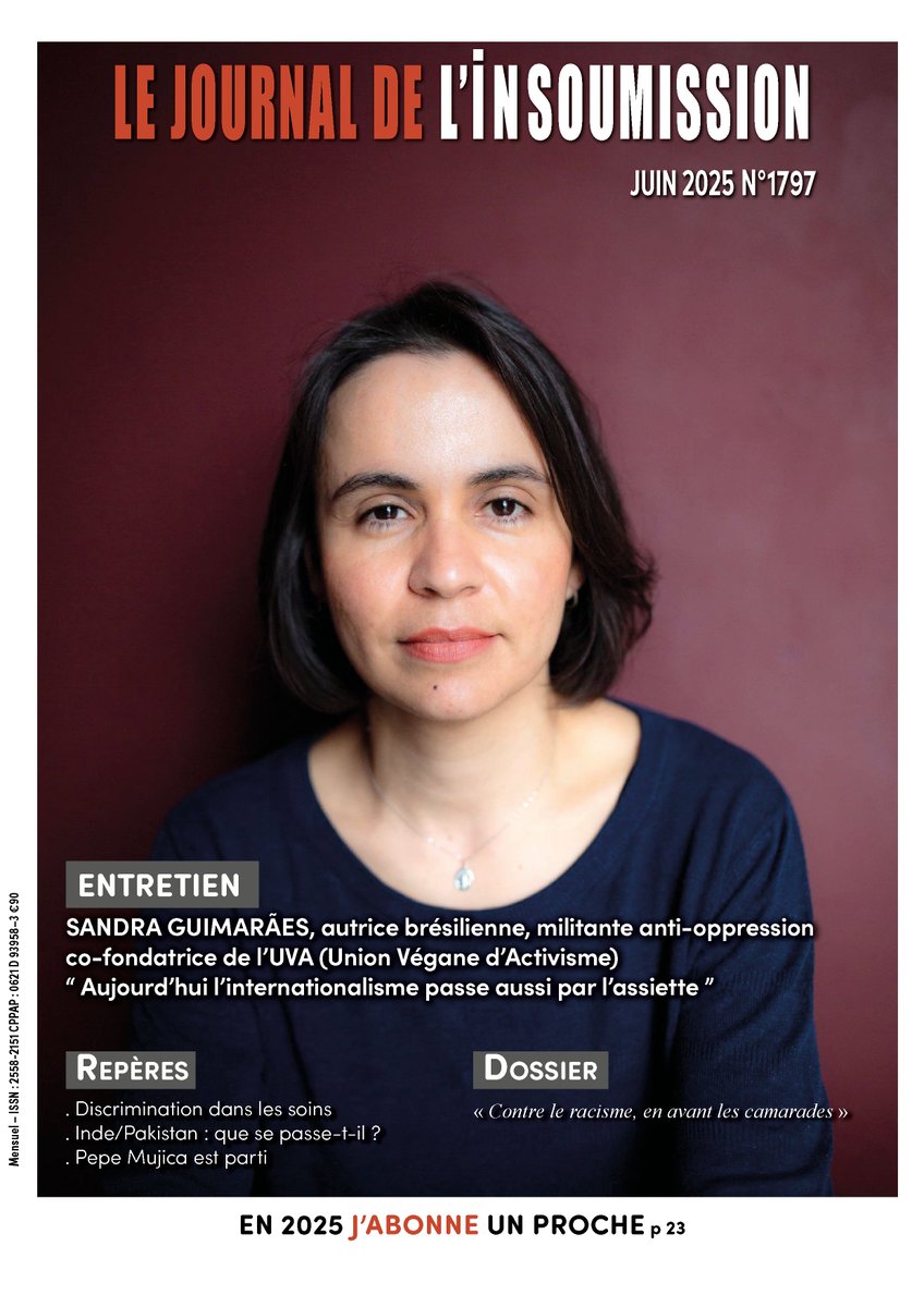 🇧🇷 🐮 Sandra Guimarães, en Une du <a href="/Journalinsoumis/">Journal de l'insoumission</a> 

Militante anti-oppressions et autrice brésilienne, Sandra est co-fondatrice de l’UVA ( union végane d’activisme) fondé entre les 2 tours de l’élection de Bolsonaro pour lutter contre le fascisme.