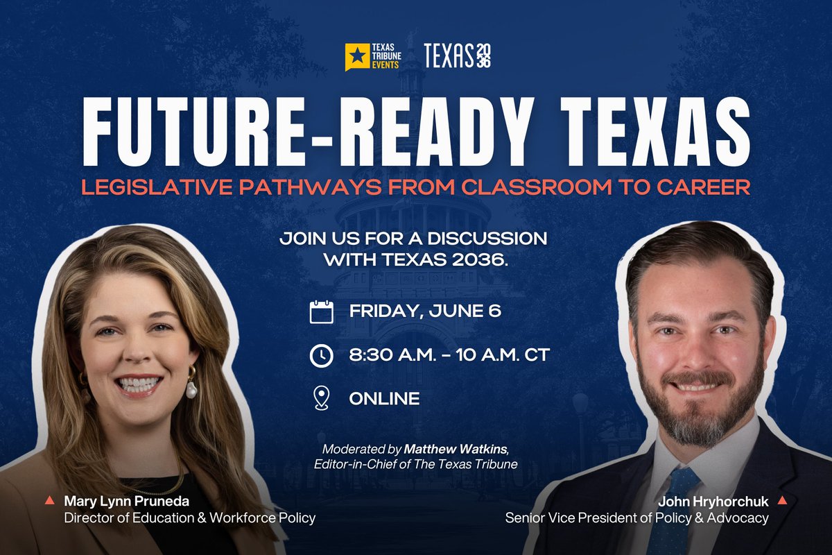 Texas 2036 (@texas2036) on Twitter photo The 89th #txlege zeroed in on equipping students for the #txworkforce. Now, let's break it down.
On Friday, <a href="/marylynnpruneda/">marylynnpruneda</a> & <a href="/JohnHryhorchuk/">John Hryhorchuk</a> unpack this session's biggest #txed legislation, brought to you in partnership with <a href="/TexasTribune/">Texas Tribune</a>.
🔗 RSVP: bit.ly/43twZDX The 89th #txlege zeroed in on equipping students for the #txworkforce. Now, let's break it down.
On Friday, <a href="/marylynnpruneda/">marylynnpruneda</a> & <a href="/JohnHryhorchuk/">John Hryhorchuk</a> unpack this session's biggest #txed legislation, brought to you in partnership with <a href="/TexasTribune/">Texas Tribune</a>.
🔗 RSVP: bit.ly/43twZDX