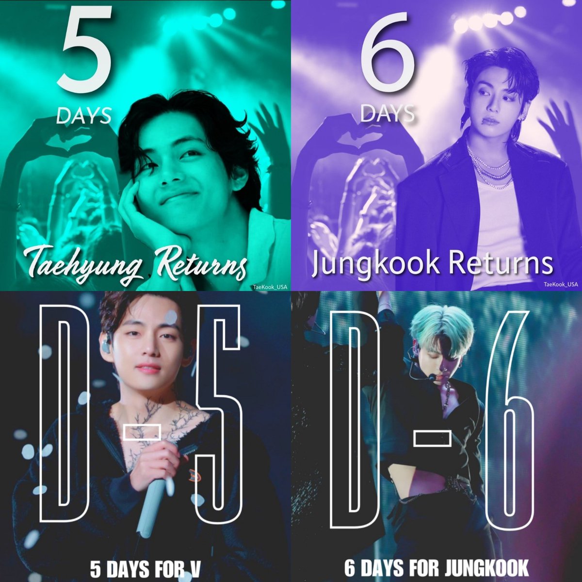 5 days until Taehyung returns!!
💚🐯🐻🌊
6 days until Jung Kook returns!!
💜🐰🔥

#TaehyungIsComingBack
#JungkookIsComingBack

Cr: <a href="/smol_kia/">기아</a> and <a href="/TaeKook_USA/">TaeKook USA</a>