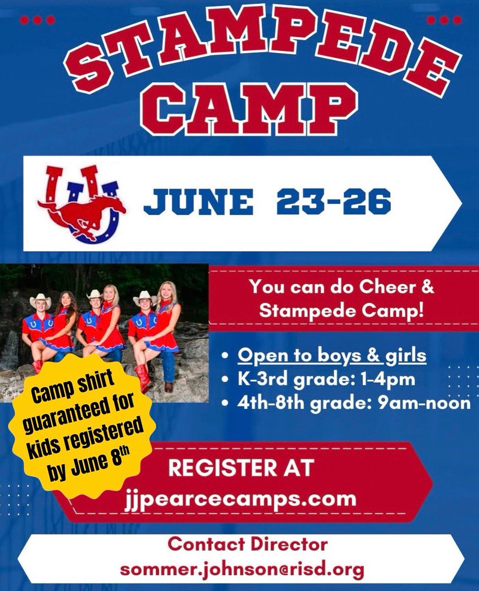 ⭐️⭐️J.J. Pearce Mustang Stampede is holding a Country Western Dance Summer Camp the week of June 23rd for kids in Kinder-8th grade⭐️⭐️

Sign up by June 8 to be guaranteed a camp shirt! 

Click here to register: 
jjpearcecamps.com