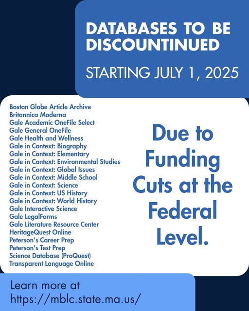 CurtisPublic's tweet image. It's FEATURED FRIDAY - The news this week is not good, unfortunately:  Due to Federal funding cuts, several state databases will  be discontinued

Thanks to the wonderful Brewster Ladies' Library for the use of their graphic.

#MBLC #JohnCurtisFreeLibrary