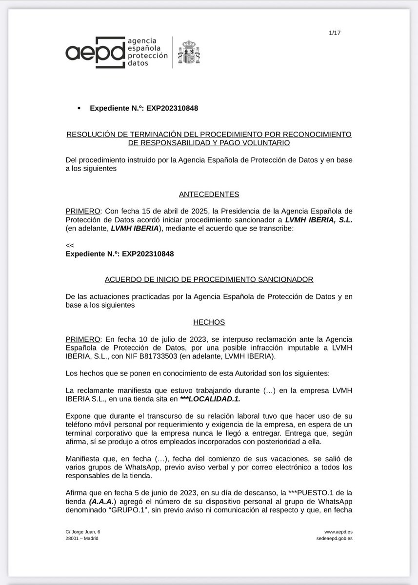 La Agencia Española de Protección de Datos ha condenado a una empresa a pagar 70.000 euros de multa por incluir el número de teléfono personal de trabajadora en un grupo de trabajo de la red de mensajería móvil WhatsApp

Aquí la resolución ⬇️

🔗eleconomista.es/legal/noticias…