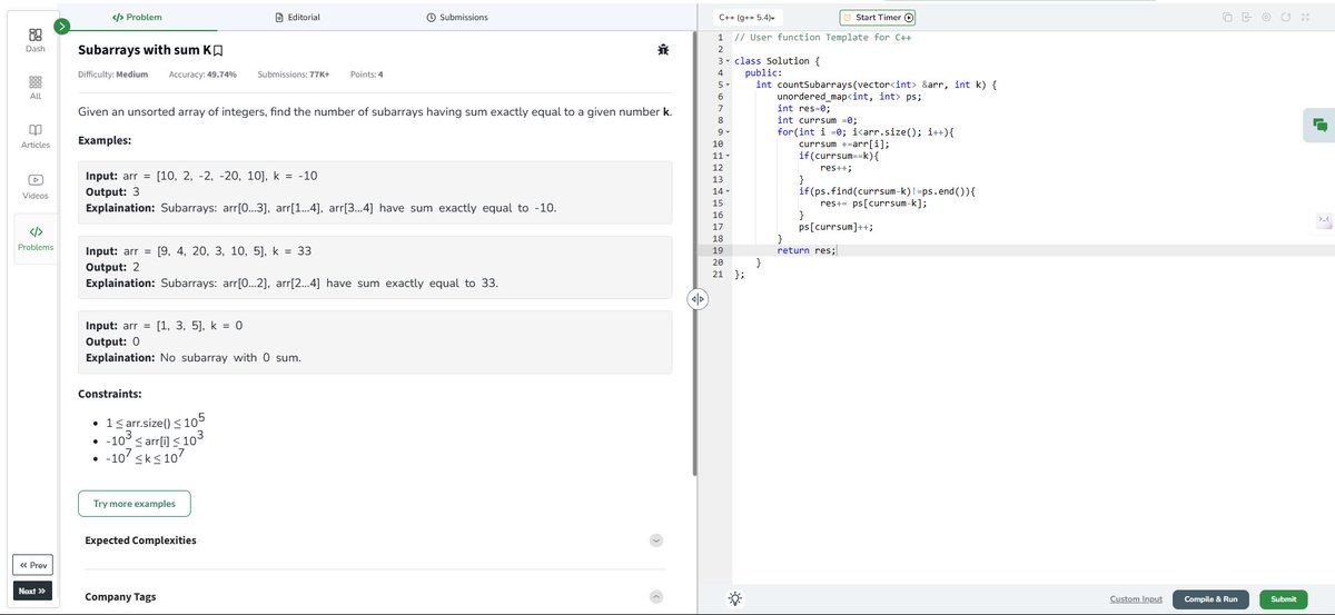 Anshdotexe's tweet photo. Day 49 of GfG challenge @geeksforgeeks

Today I solved this problem - Subarray with sum K
#gfg #gfg160 #geekstreak2025 #geeksforgeeks #dsa #hash #set #connect https://t.co/8f2dQCyAdV