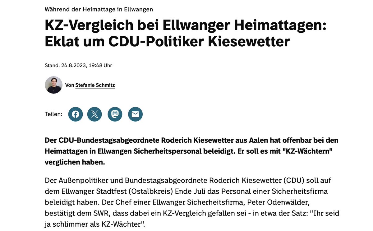 <a href="/joerglau/">Joerg Lau</a> <a href="/RKiesewetter/">Roderich Kiesewetter🇪🇺🇩🇪🇮🇱🇺🇦</a> Jeder hat so seine eigene Definition von "gradlinig"...
Ein "Spitzenpolitiker" der bereits nach 3 Weinschorlen mit KZ-Vergleichen um sich schlägt, wenn er aufgefordert wird, ein Stadtfest wegen des Ausschankschlusses um 1:30 Uhr zu verlassen, ist vermutlich auch nicht der