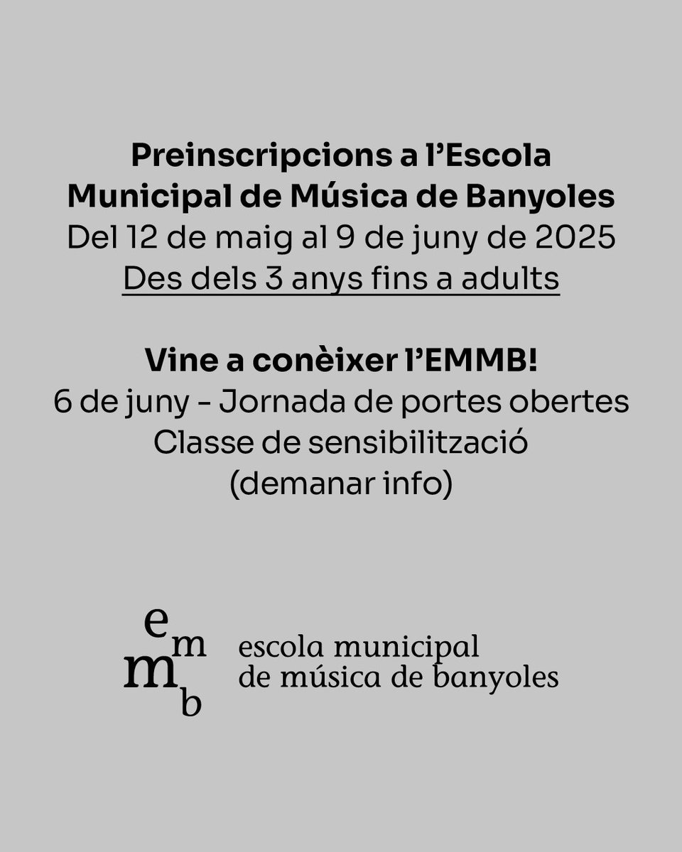 🎶 L’Escola Municipal de Música de Banyoles té obertes les preinscripcions al proper curs! 🙌

Si tens ganes d’aprendre música, tocar amb altres, cantar o simplement passar-t’ho bé... vine a l’EMMB! 🥁🎹🎤 

#emmb #debanyoles