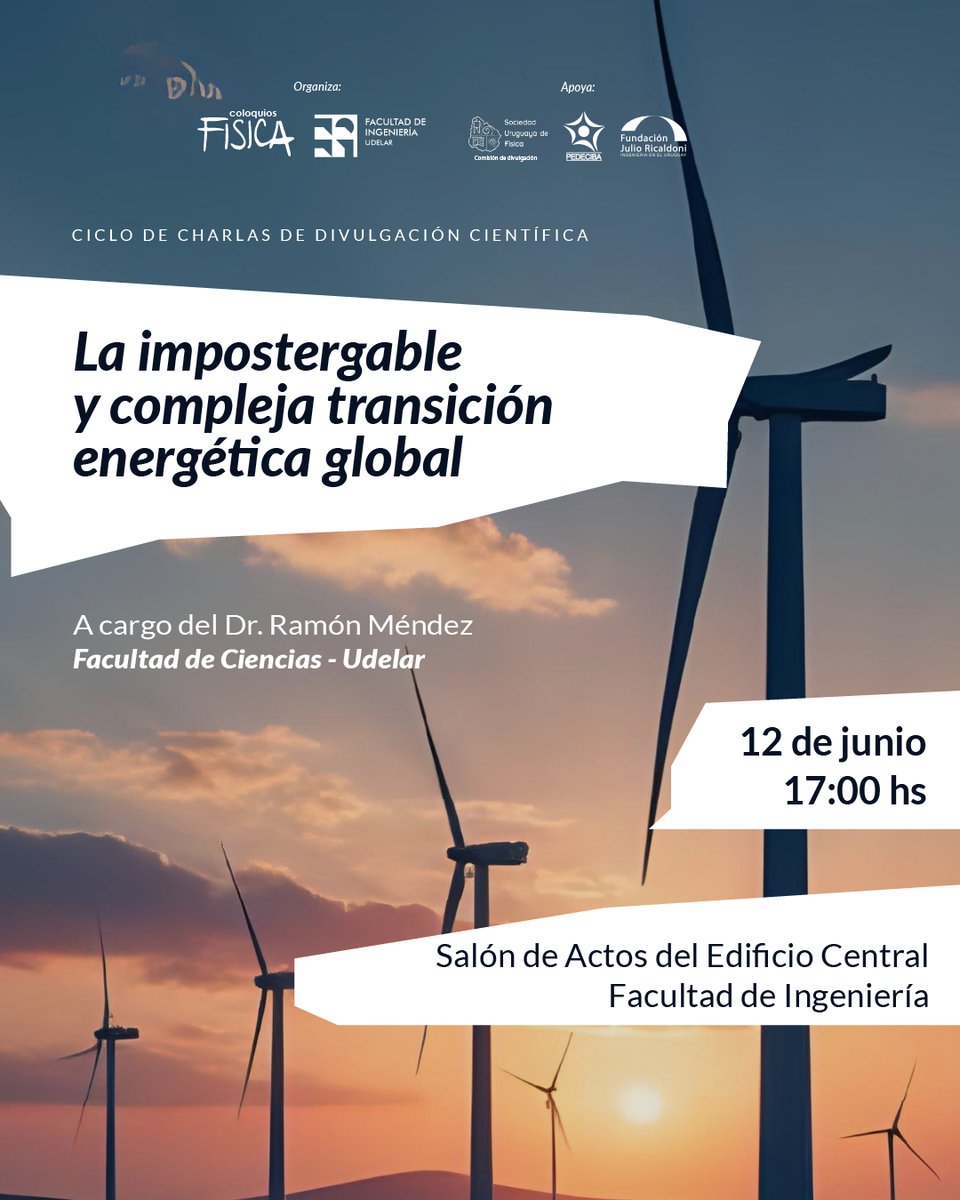 El 12/6 a las 17h se realizará el Coloquio “La impostergable y compleja transición energética global"

Estará a cargo del Dr. Ramón Méndez en el Salón de Actos del Edificio Central de la Facultad de Ingeniería.

#FundacionRicaldoni #Coloquio #RamonMendez #FacultaddeIngenieria