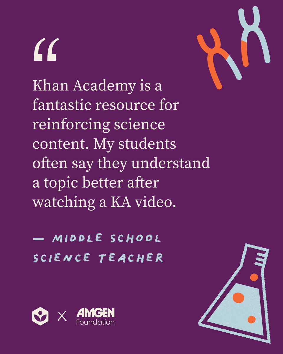 khanacademy's tweet image. Science teachers know the power of the right tools—and we’re grateful to the Amgen Foundation for helping us create science resources that truly make a difference.
That’s the kind of impact we’re celebrating this month. 💙
🧪 Explore our free science lessons, videos, and…