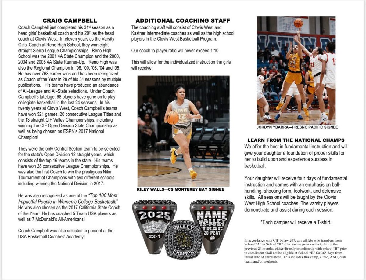 🏀🏀🏀🏀🏀🏀🏀🏀🏀🏀
CLOVIS WEST GIRLS BASKETBALL’s
NIKE CAMP OF CHAMPIONS

CAMP STARTS IN 2 1/2 WEEKS!

Don’t miss out on the longest running girls basketball camp in Central California!

The camp is open to ALL GIRLS entering Kindergarten through 8th Grade!

Don’t delay!