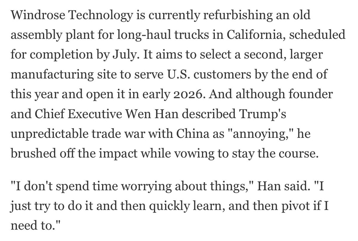 You have to be amazed by the sheer audacity of some Chinese entrepreneurs.

Here’s a Chinese startup getting ready to produce electric trucks in California this year in the face of Trump tariffs, US-China tensions, and IRA repeal.

What a story from <a href="/pakwayne/">Pak Yiu</a> at Nikkei Asia: