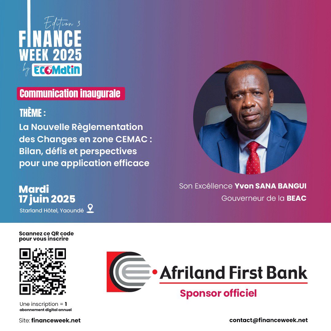 Chères communautés, heureux de vous annoncer que Monsieur YVON SANA BANGUI, Gouverneur de la BEAC, confirme sa présence à la 3ème édition de la FINANCE WEEK, le 17 juin 2025 à Yaoundé à l'hôtel StarLand. 

Inscription 
 financeweek.net