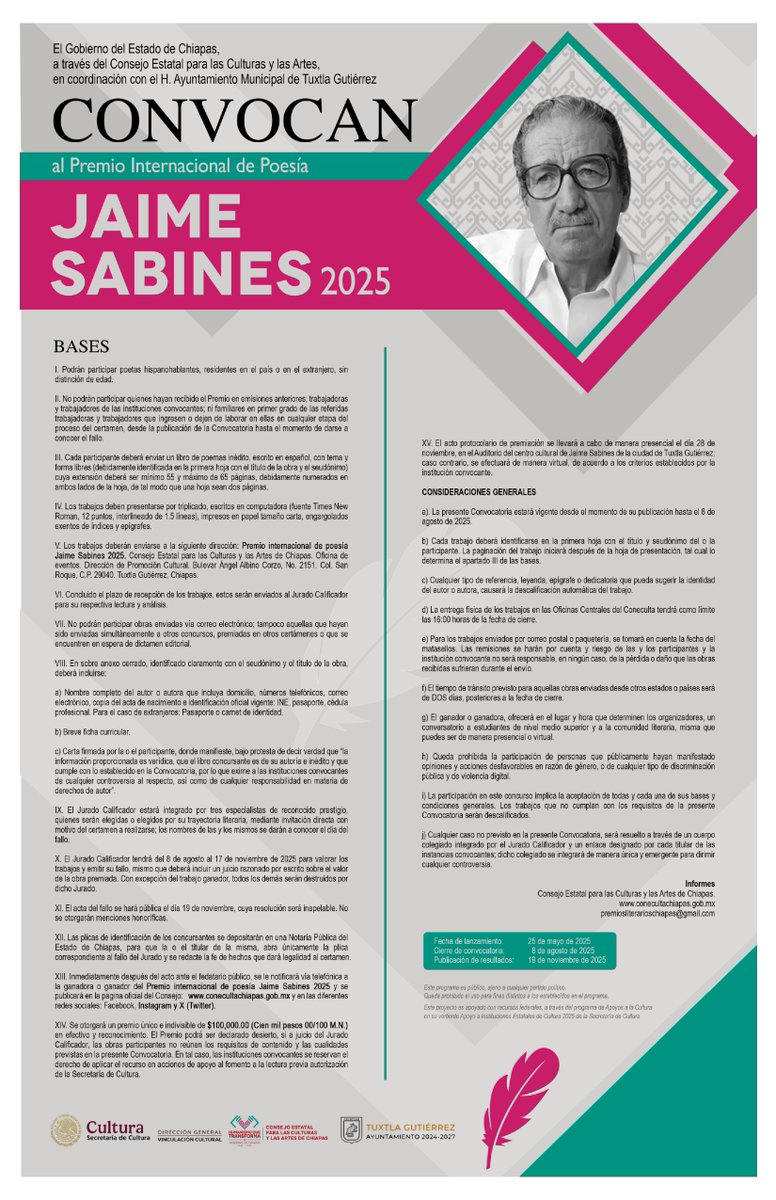 EmbaMexGua's tweet image. El Premio Jaime Sabines 2025 ya comenzó a recibir trabajos de poetas de hispanoparlantes de todo el mundo. La convocatoria se cerrará el 🗓️8 de agosto próximo. 🪶No dejes de mandar tu trabajo inédito. Conoce las bases en: 👇drive.google.com/file/d/1crph16…