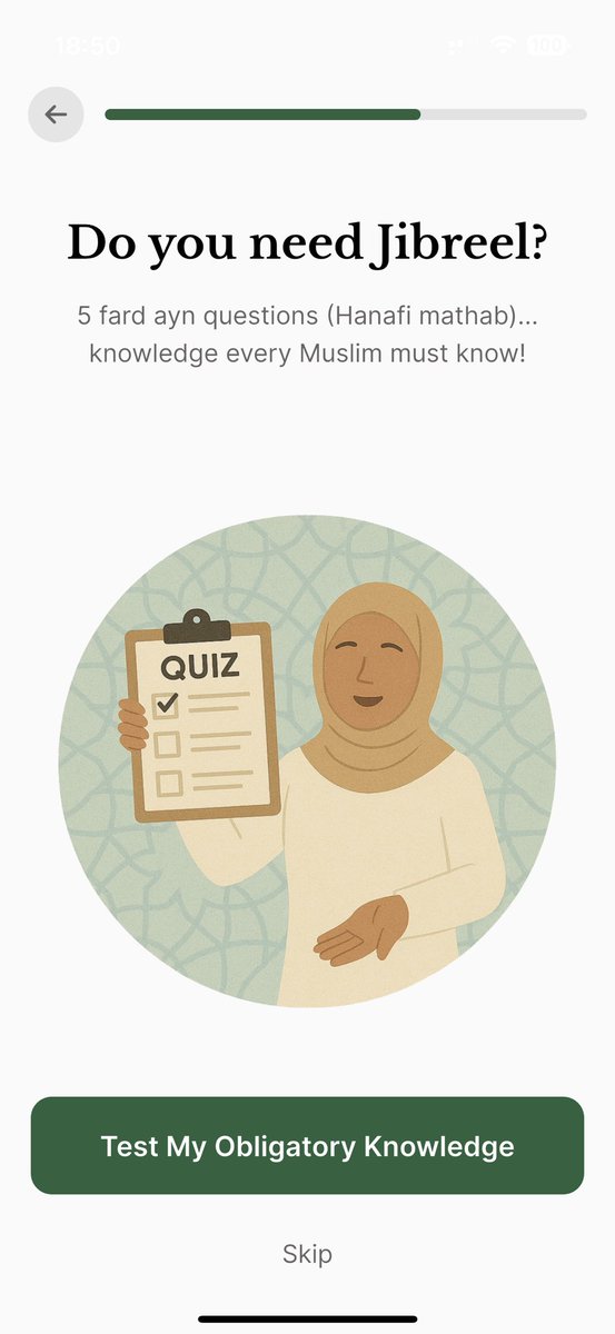 We just added a quiz to onboarding for <a href="/JibreelApp/">Jibreel</a> to help you get a pulse check of where you’re at with your fiqh!