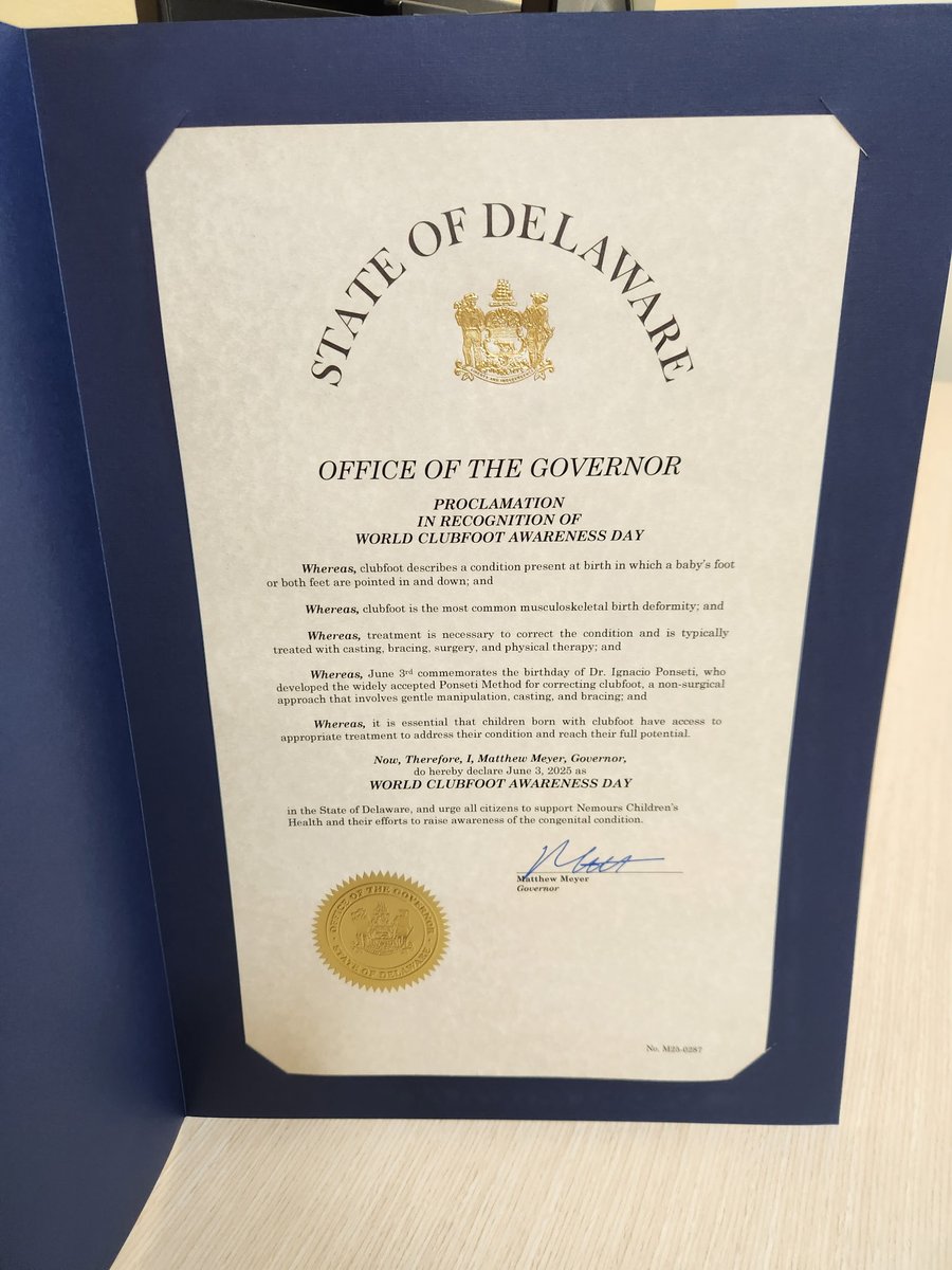We're proud to share that Governor Matt Meyer officially proclaimed June 3 in Delaware Clubfoot Awareness Day, highlighting the importance of education, support, and understanding for those affected by clubfoot. 
#Clubfoot is a common congenital condition, but with the right