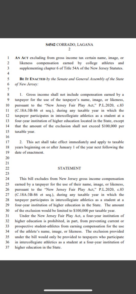 A bipartisan bill introduced by my fellow New Jerseyans and fellow colleagues of the NJ bar <a href="/sencorrado/">Senator Kristin Corrado</a> (R, 40th LD) and <a href="/JoeLaganaNJ/">Joe Lagana</a> (D, 38th LD) proposing to exempt from NJ income taxes up to $100k of revenue share / NIL income earned by college athletes while attending a
