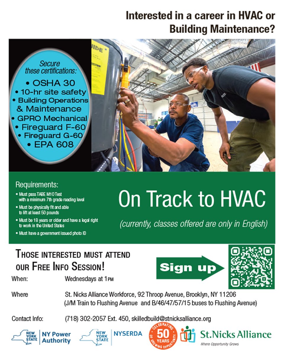 Don't delay- get certified for a career in HVAC and building maintenance today! 
Sign up at stnicksalliance.org/sign-up-info-s…

🗓⏰Every Wednesday at 1pm!
📍92 Throop Avenue, Brooklyn 

#jobtraining #nyc #northbrooklyn #hvactechnician #hvacrepair #HVACJobs #BuildingMaintenance