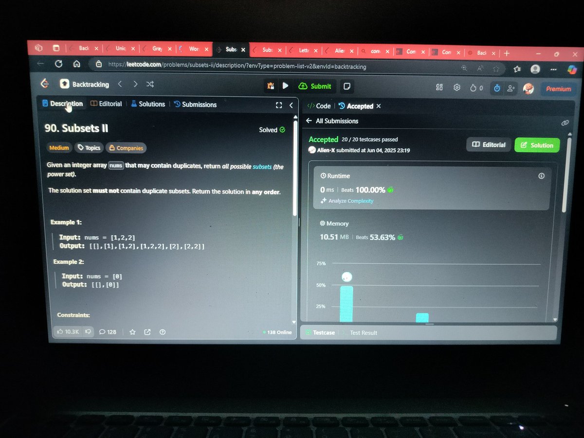 M56957992Pritam's tweet image. #Day_3 of #100_days_of_code 
04 / 06 / 2025, Wednesday

Solved : backtracking
78. Subsets
90. Subsets ll
79. Word Search