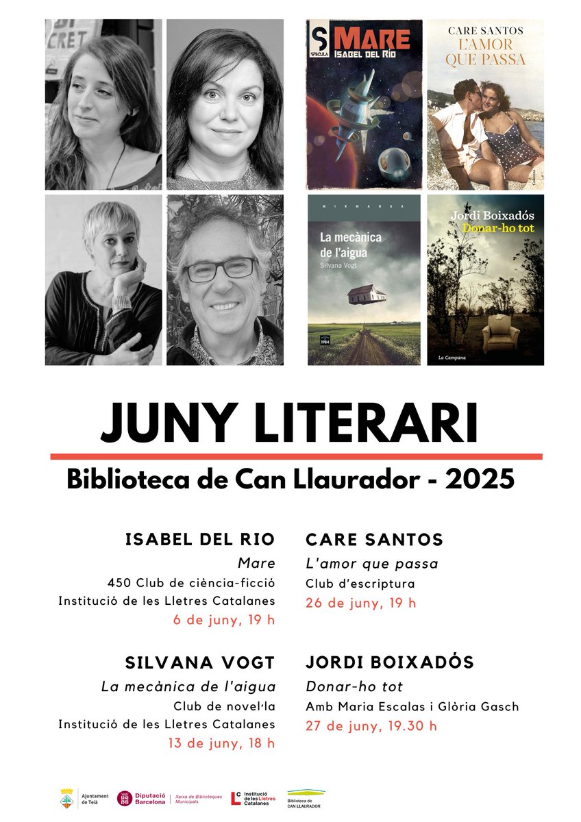 📚Aquest juny, la biblioteca s’omple d’energia i cultura!  Celebrem el nostre aniversari amb trobades amb autors i autores que ens inspiren i ens fan somiar.
No us podeu perdre un mes ple d’històries, il·lusió i bons moments!
#Teià #Cultura #AniversariBiblioteca #ClubsLectura