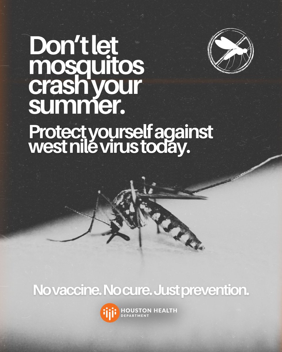 🦟 West Nile’s out there. No vaccine, no cure — just smart moves.
✔️ Repel it (DEET or lemon eucalyptus)
✔️ Cover up at dusk
✔️ Dump standing water
✔️ Fix those screens

Stay bite-free. Stay safe. 

#WestNile #MosquitoSeason #HoustonHealth #HealthMatters