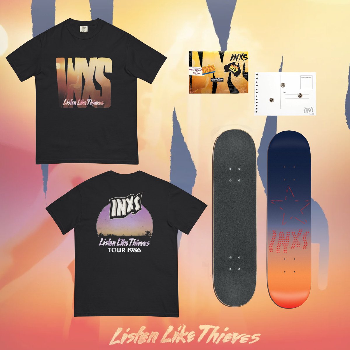 INXS's tweet image. Check out merch available in the Australian store - an exclusive vintage t-shirt, commemorative enamel pin badge set and very limited edition skate deck (only 100 available). Get them before they are gone! aushop.inxs.com/?utm_campaign=…
