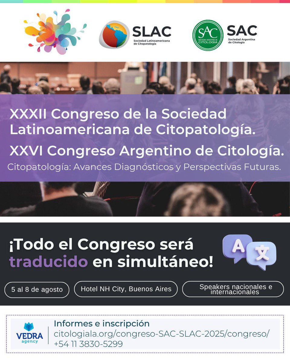 🌍✨ ¡El conocimiento no tiene fronteras, ni idiomas!

En el XXXII Congreso de la Sociedad Latinoamericana de Citopatología y el XXVI Congreso Argentino de Citología, todo el contenido será traducido en simultáneo.

Cada charla, cada ponencia,