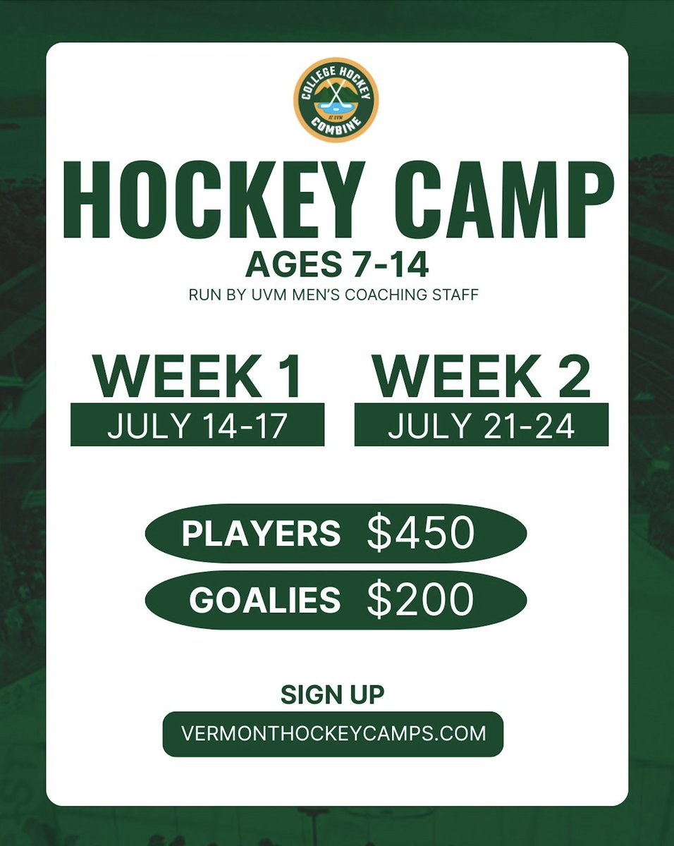 CHCatUVM's tweet image. VERMONT HOCKEY YOUTH CAMP! ๐ก๐ข
If your son or daughter is looking for a fun week of growing their hockey skills, spend a week with our UVM Men's D1 Coaches this July!
SIGN-UP HERE: vermonthockeycamps.com/shop