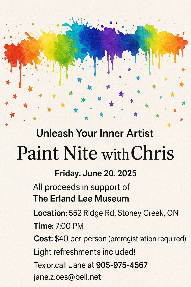 🎨✨ Unleash your creativity at Paint Nite with Chris — a fun-filled evening in support of The Erland Lee Museum!

🗓️ Friday, June 20, 2025
🕖 7:00 PM
📍 552 Ridge Rd, Stoney Creek, ON
💵 $40 per person (preregistration required)
🍪 Light refreshments included!
