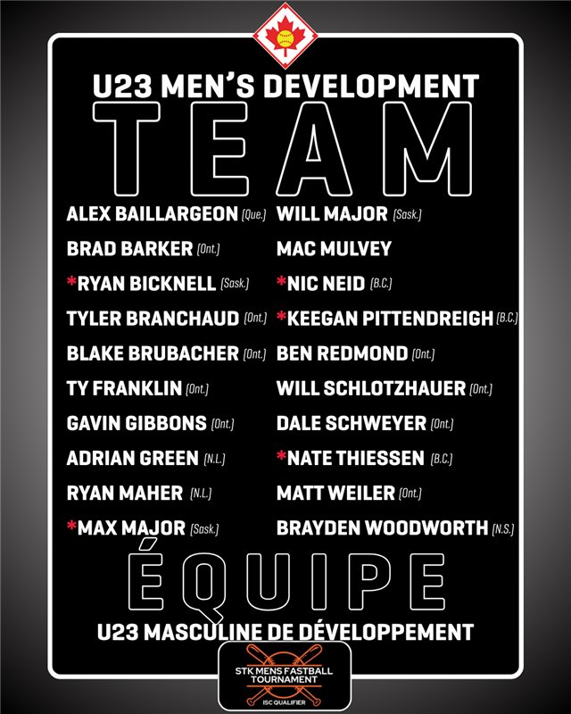 Meet the U23 Softball Canada Development Team!

Heading to Kamloops B.C., this talented group of athletes will be taking part in a Development Camp, followed by the STK Men’s Fastball Tournament, all happening from June 4-8.

*Denotes athletes only attending the development camp*