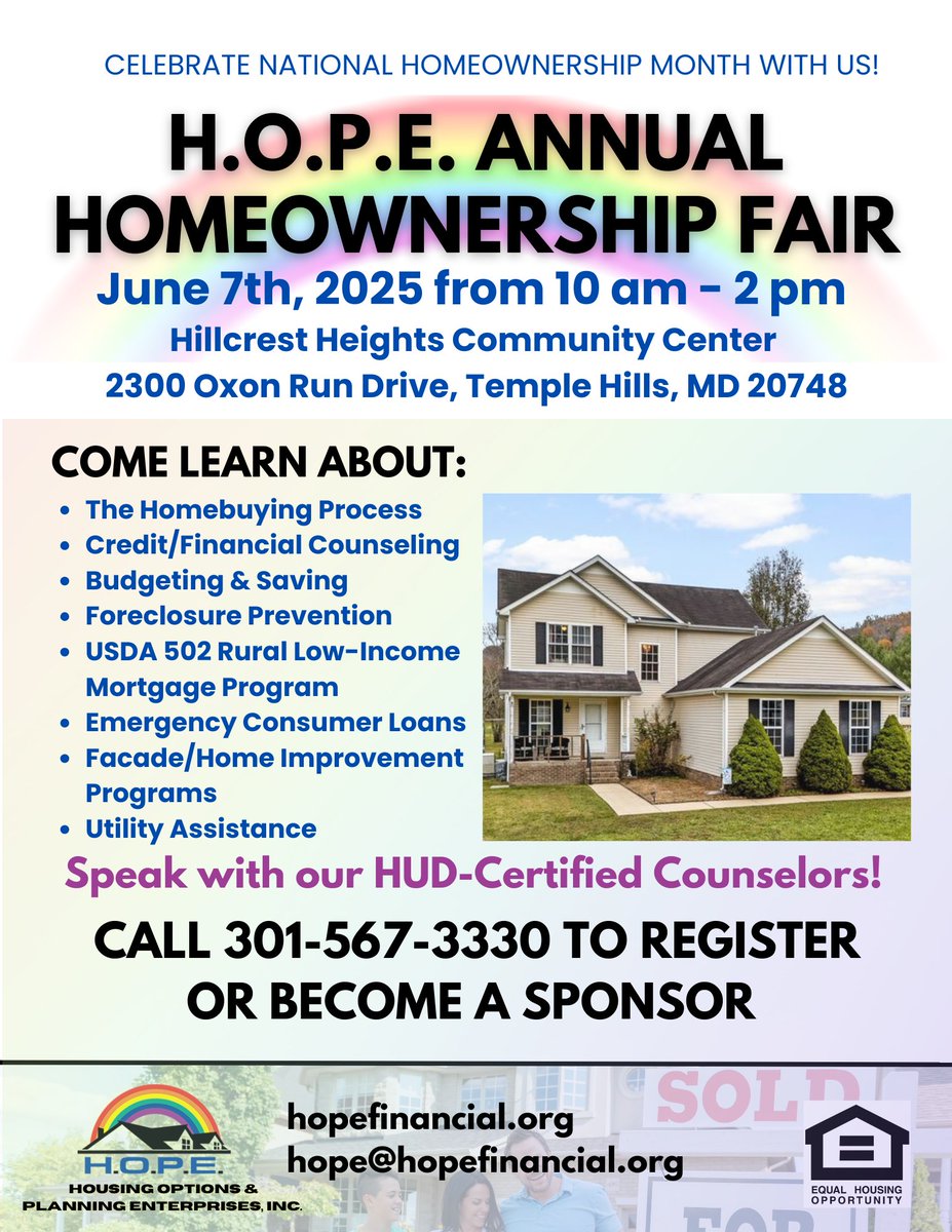 Prince George's County DHCD (@dhcdpg) on Twitter photo Ready to buy a home?๐ก
One of our CDBG recipients, <a href="/hopefinancial/">H.O.P.E.-Housing Options & Planning Enterprises</a>, is hosting a Homeownership Fair on Sat. 6/7, from 10 AM โ 2 PM.
๐ Learn about:
โ๏ธ The home buying process
โ๏ธ Budgeting
โ๏ธ Utility Assistance
โ๏ธ And more!
๐2300 Oxon Run Drive, Temple Hills, MD 20748 Ready to buy a home?๐ก
One of our CDBG recipients, <a href="/hopefinancial/">H.O.P.E.-Housing Options & Planning Enterprises</a>, is hosting a Homeownership Fair on Sat. 6/7, from 10 AM โ 2 PM.
๐ Learn about:
โ๏ธ The home buying process
โ๏ธ Budgeting
โ๏ธ Utility Assistance
โ๏ธ And more!
๐2300 Oxon Run Drive, Temple Hills, MD 20748