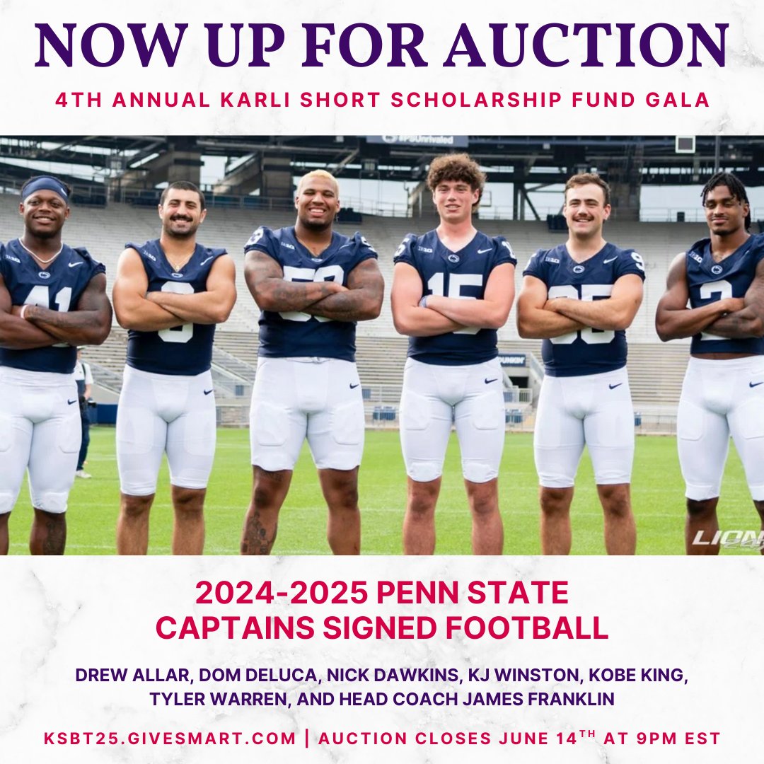 Karli Short Better Tomorrow Foundation (@ksbtfoundation) on Twitter photo ๐ KSBT25.givesmart.com ๐
We Areโฆ auctioning off a piece of <a href="/PennStateFball/">Penn State Football</a> history! Bid on a football signed by Drew Allar, Dom DeLuca, Nick Dawkins, KJ Winston, Kobe King, Tyler Warren, and Coach James Franklin!
Bid NOW: KSBT25.givesmart.com
<a href="/brandonshort43/">Brandon Short</a> ๐ KSBT25.givesmart.com ๐
We Areโฆ auctioning off a piece of <a href="/PennStateFball/">Penn State Football</a> history! Bid on a football signed by Drew Allar, Dom DeLuca, Nick Dawkins, KJ Winston, Kobe King, Tyler Warren, and Coach James Franklin!
Bid NOW: KSBT25.givesmart.com
<a href="/brandonshort43/">Brandon Short</a>