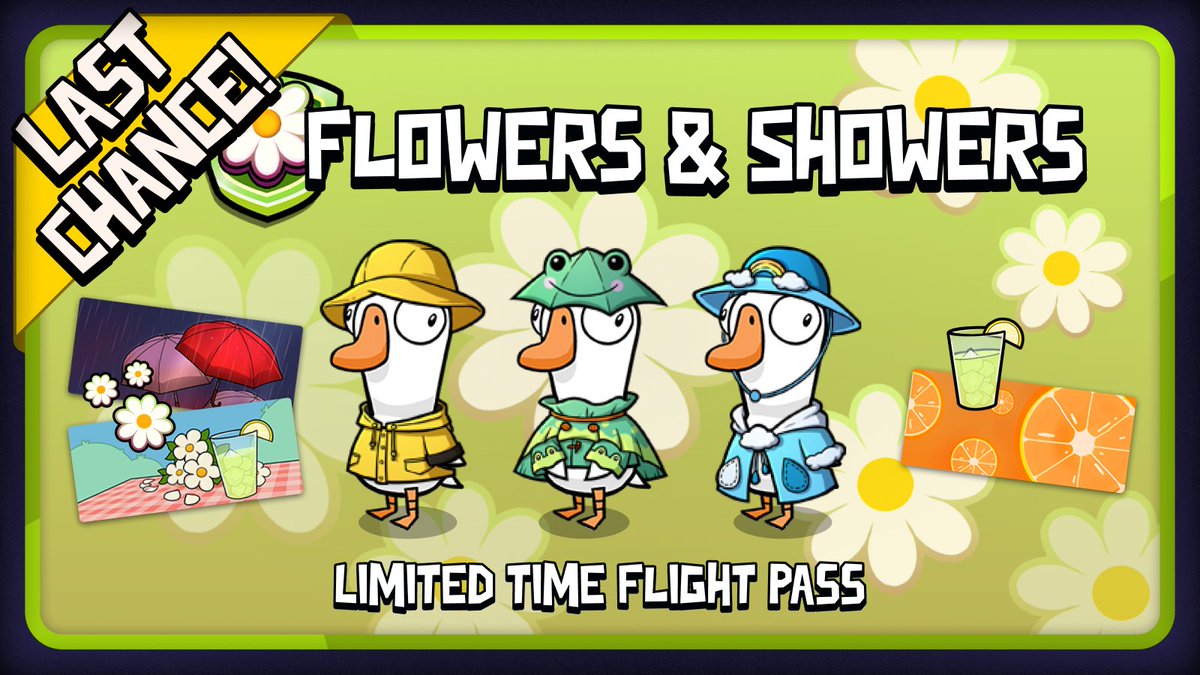 🚨 Flowers &amp; Showers Flight Pass is making it's Final Approach!
☔Don’t get caught in the drizzle with empty wings—spring’s blossoms are nearly gone!🌻
#goosegooseduck #gagglestudios #ggdgame #ggd #limitedtime