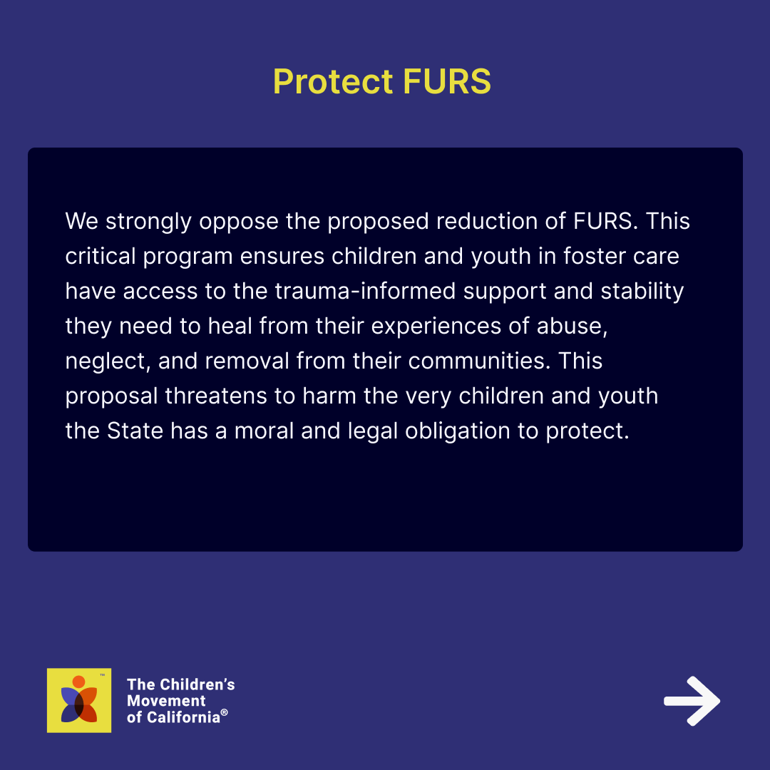 This past week, The Children's Movement of California demanded California's leaders reject cuts to FURS, the state's 24/7, in-person crisis response line specifically for foster youth. 💪 

Read the full letter here 👉 bit.ly/3Sx0zlI

#ProtectFURS #CABudget #ProKidCA