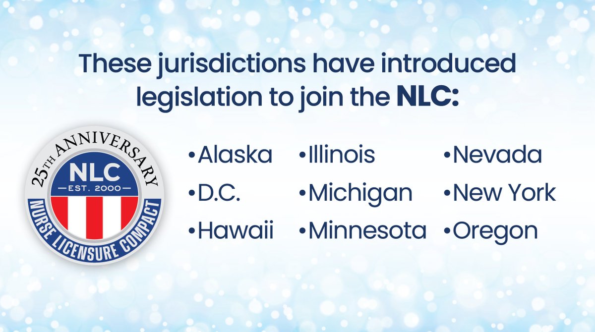There are currently 43 jurisdictions in the NLC. Nine of the 12 remaining jurisdictions have introduced legislation in 2025. American Samoa, California and Northern Mariana Islands currently have no introduced legislation. Learn more: nursecompact.com/index.page#map #NurseCompactNation