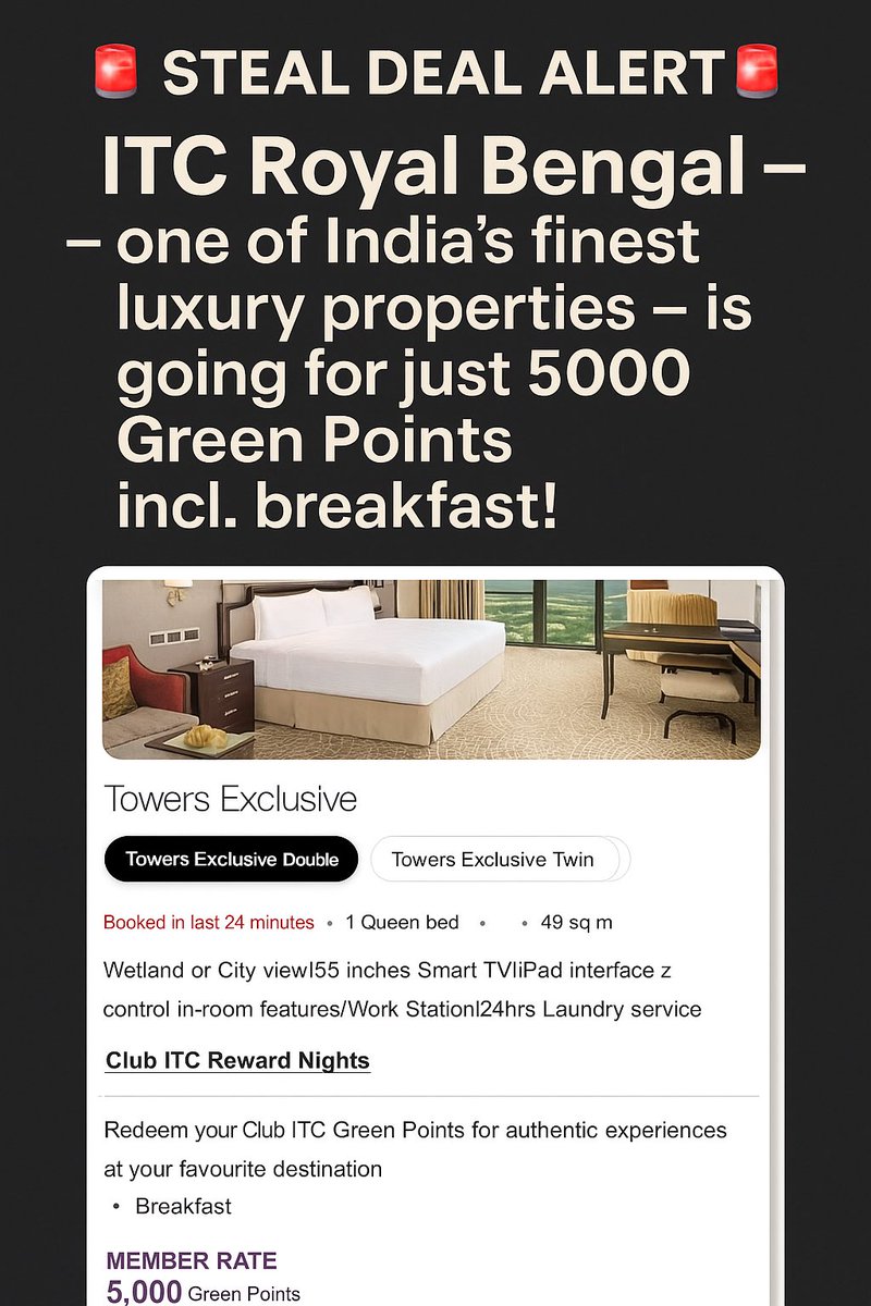 rhoeshan's tweet photo. 🚨 STEAL DEAL ALERT 🚨
🏨 ITC Royal Bengal — one of India’s finest luxury properties — is going for just 5000 Green Points incl. breakfast! 🍳✨
This is unheard of for a flagship ITC! 🔥
Don’t think. Just book. 🔁
#ccgeek #ccgeeks #LuxuryForLess #HotelHack #PointsHacking