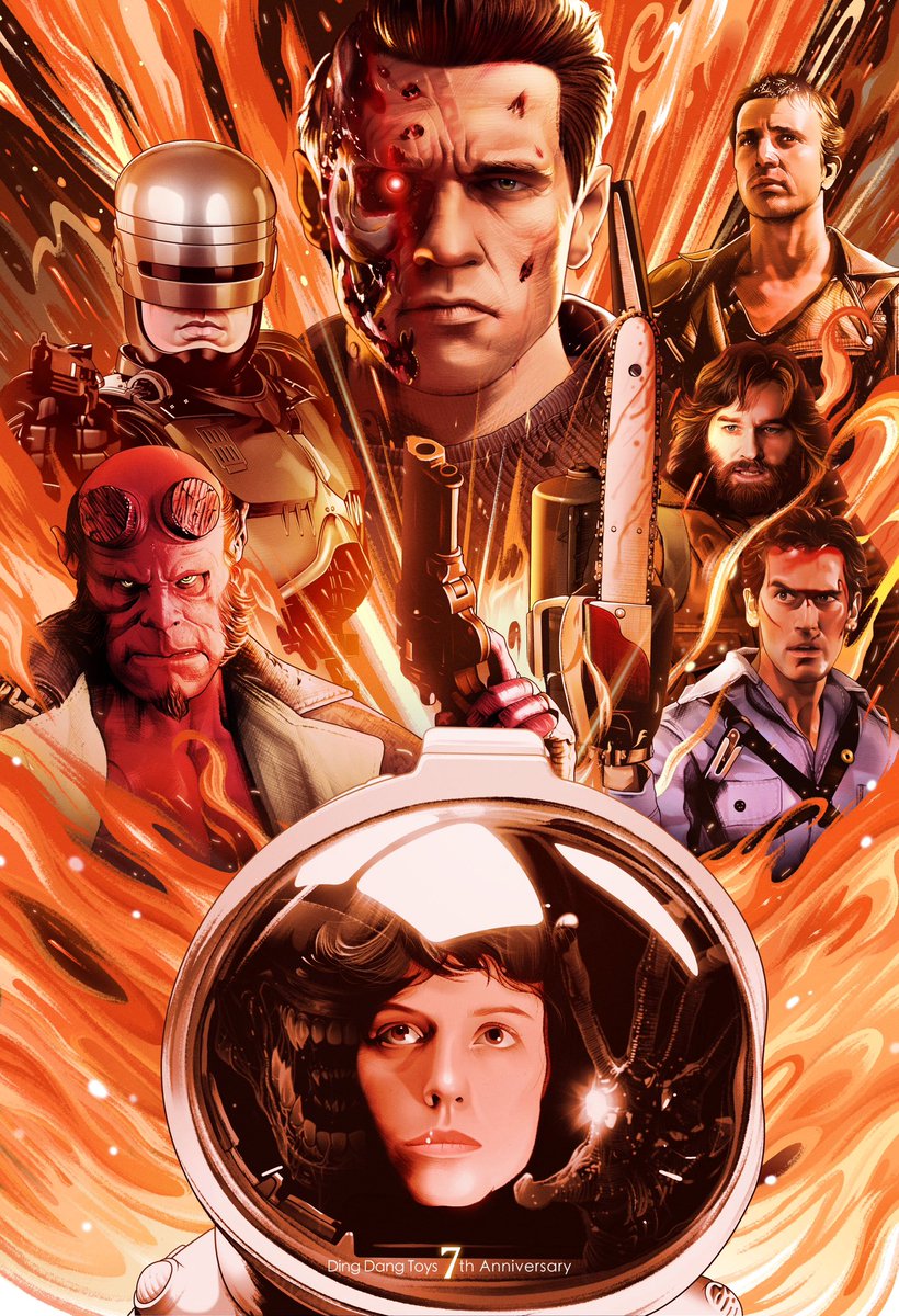 I drew an illustration poster that gives a strong sense of security.😌 How many characters do you know?
#Terminator 
#Alien 
#RoboCop 
#Evildead 
#MadMax 
#TheTing 
#Hellboy