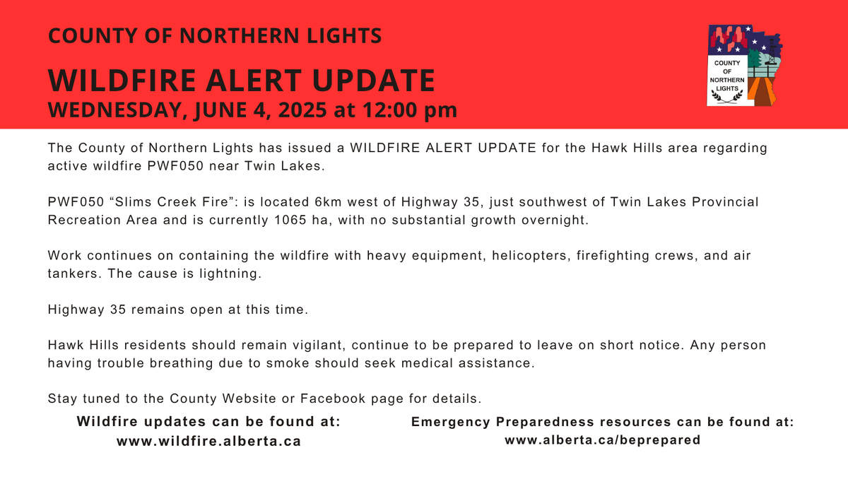Non-emergent updates will be provided once a day unless the wildfire once again becomes threatening. 

The County urges all residents to visit the Alberta Wildfire website to keep up to date on wildfire information.
