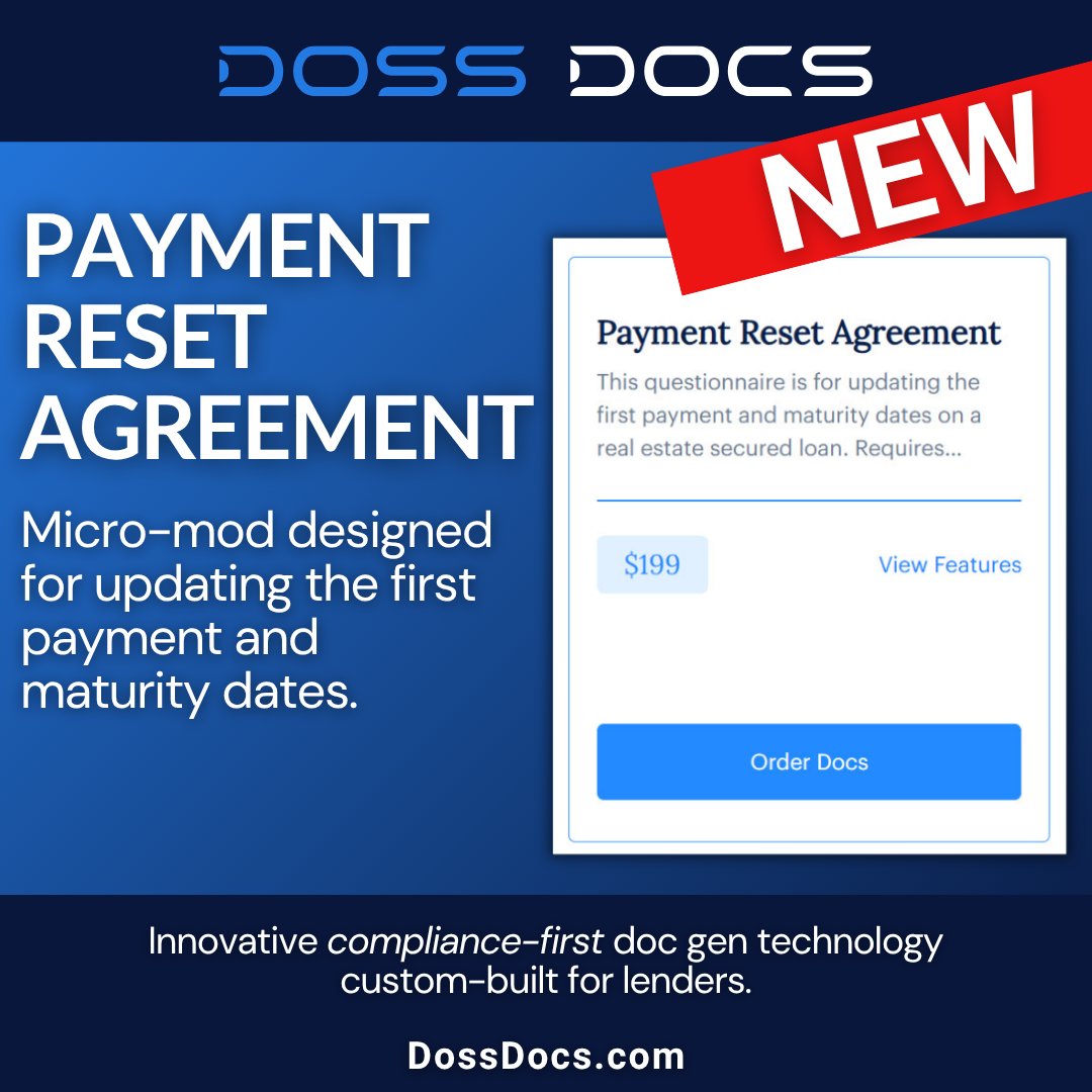 dossdocs's tweet image. Need to adjust the first payment date or maturity date after closing?
The new Payment Reset Agreement from Doss Docs makes it simple.
This micro-mod designed for updating the first payment and maturity dates.

Generate it in minutes.
hubs.li/Q03qFPXr0

#CRE #LendingTech