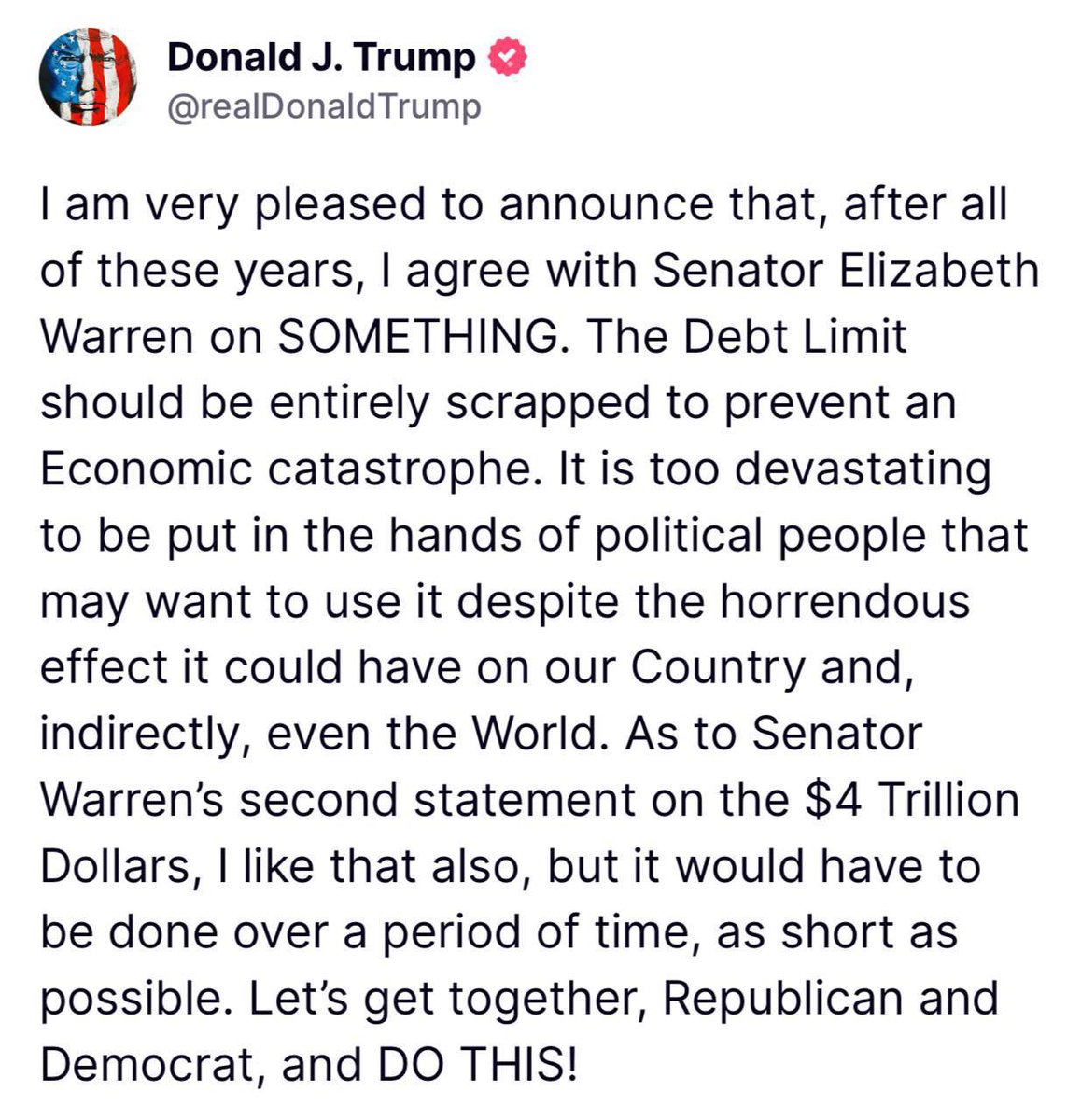 JUST IN: Trump calls for scrapping the U.S. debt limit entirely, warning it poses a threat of economic catastrophe.