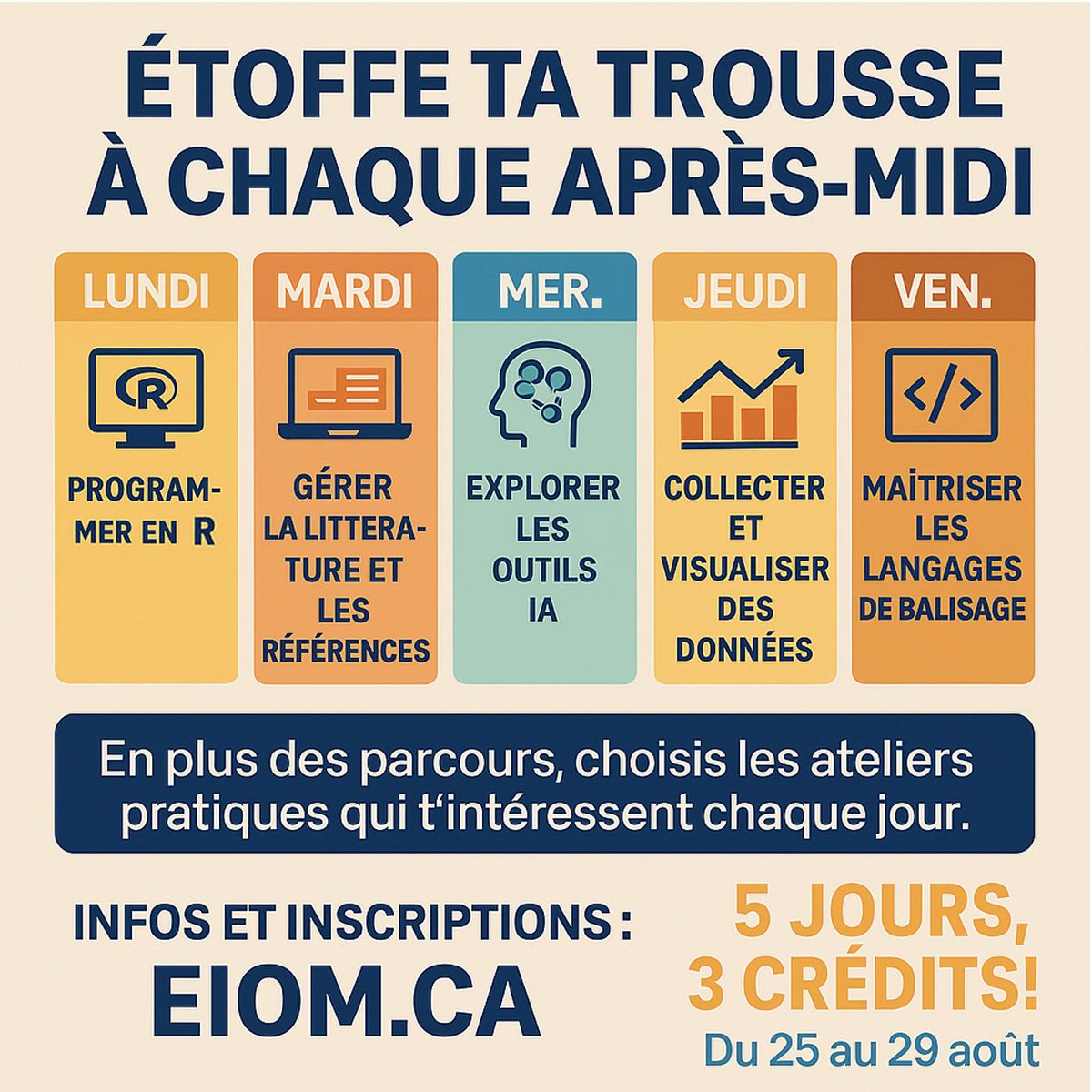 Des après-midis consacrés aux outils numériques pour la recherche! 🧰 🛠️ 🔬 🔍 🪚 

En plus des parcours méthodologiques du matin, les participant·es de l’EIOM assisteront chaque après-midi à des ateliers pratiques conçus pour enrichir leur « boîte à outils » de chercheur·se.