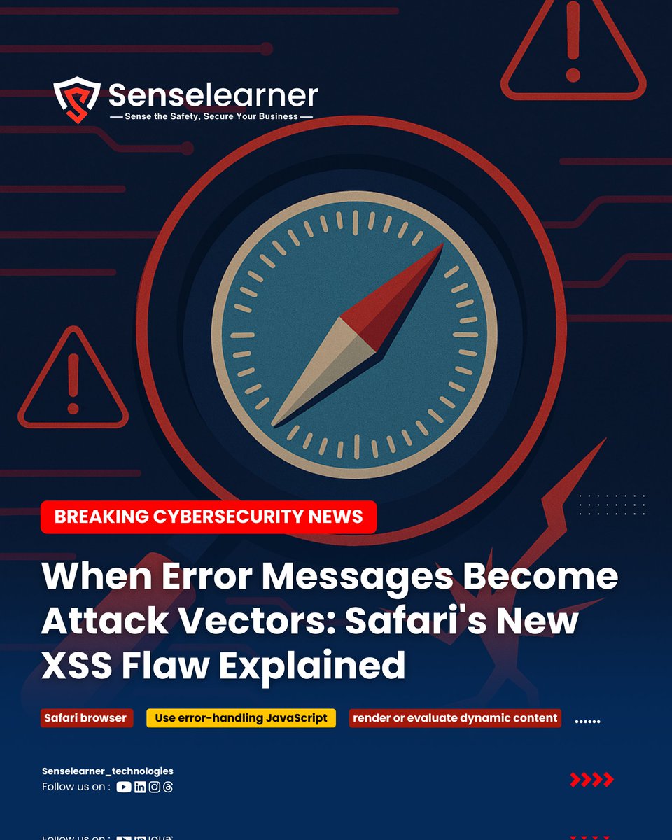 SenselearnerL's tweet photo. A newly discovered Safari flaw exploits its own error messages to run malicious JavaScriptโmaking error handling itself a threat! Stay alert and patch fast. ๐
Full read - https://t.co/zRRvXmLUOD
#CyberSecurityAlert #SafariXSS #WebSecurity #DevSecOps #senselearnertechnologies https://t.co/gQ5GV51nND