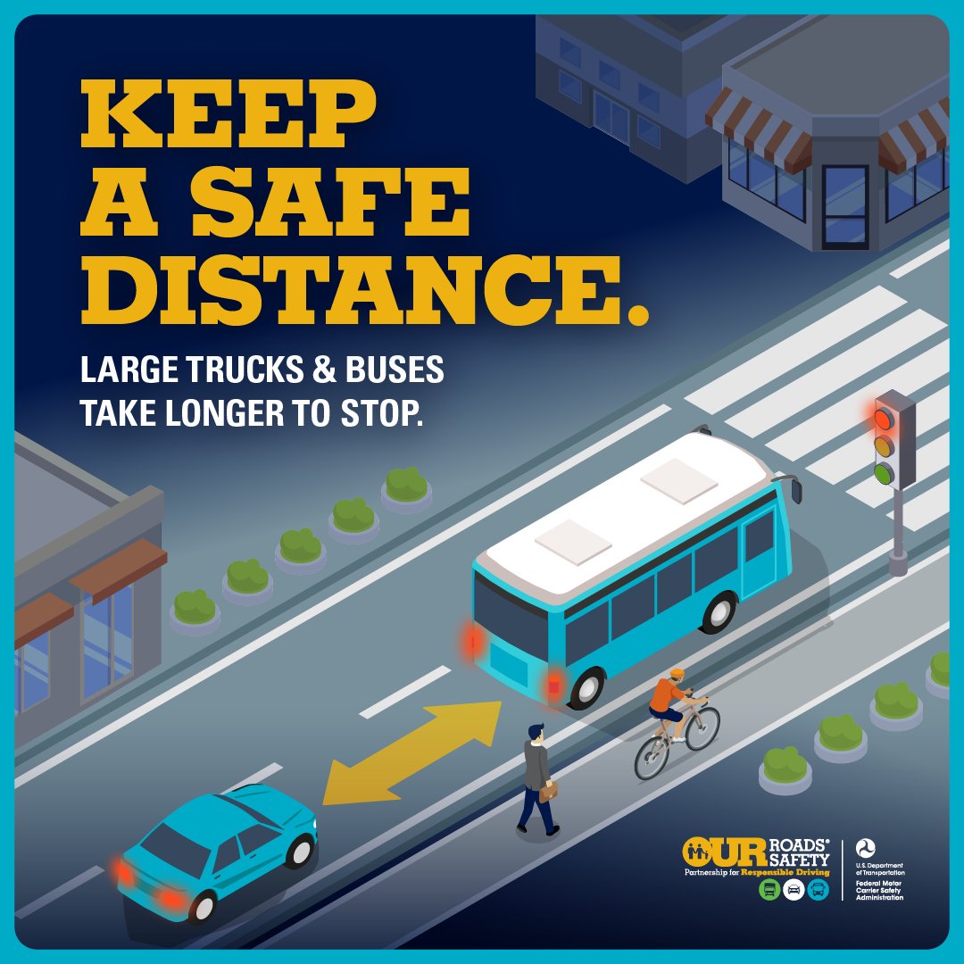 Large trucks and buses have different maneuvers than smaller vehicles. 
Remember to:
✅ Stay visible.
✅ Be patient.
✅ Keep a safe distance. 
When you share the road with🚚 &amp; 🚌.

#OurRoadOurSafety <a href="/USDOT/">U.S. Department of Transportation</a> <a href="/FMCSA/">FMCSA</a>