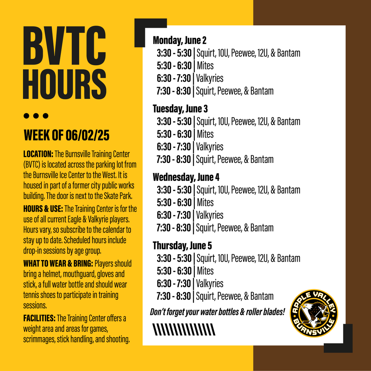 🏒 BVTC HOURS THIS WEEK! 💪🔥
Don't forget your helmet, gloves, stick, water bottle &amp; roller blades! 

Don’t forget your water bottles &amp; roller blades!

See you there! 🦅💪 Full schedule: 👉 avbhockey.com/bvtc
#TrainLikeAnEagle #BVTC #AVBHA