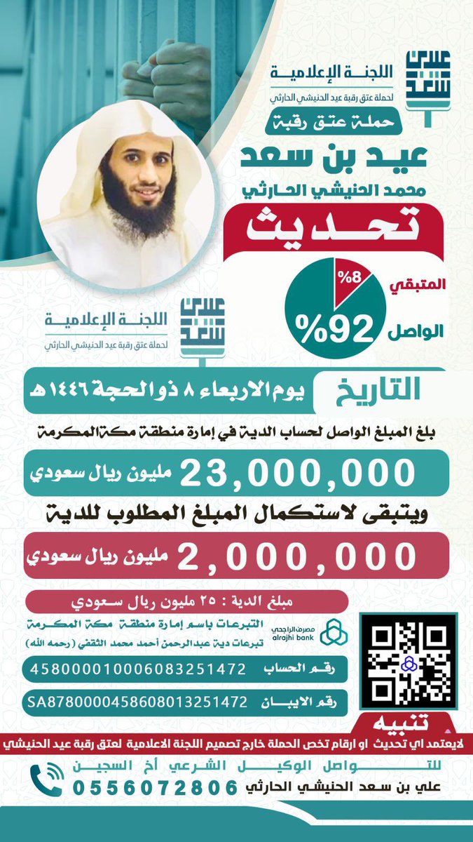 ali_alh307's tweet photo. #اقفال_ديه_عيد_س��د_الحارثي

حساب امارة منطقه مكة المكرمة _تبرعات دية عبدالرحمن أحمد الثقفي (رحمه الله) 

🛑🛑المتبقى2000,0000🛑🛑

  تبرعات دية عبدالرحمن احمد الثقفي يرحمه الله🔸

🟢رقم الحساب 458000010006083251472 

🟢 آيبان   SA8780000458608013251472 https://t.co/lUBs0apPdo