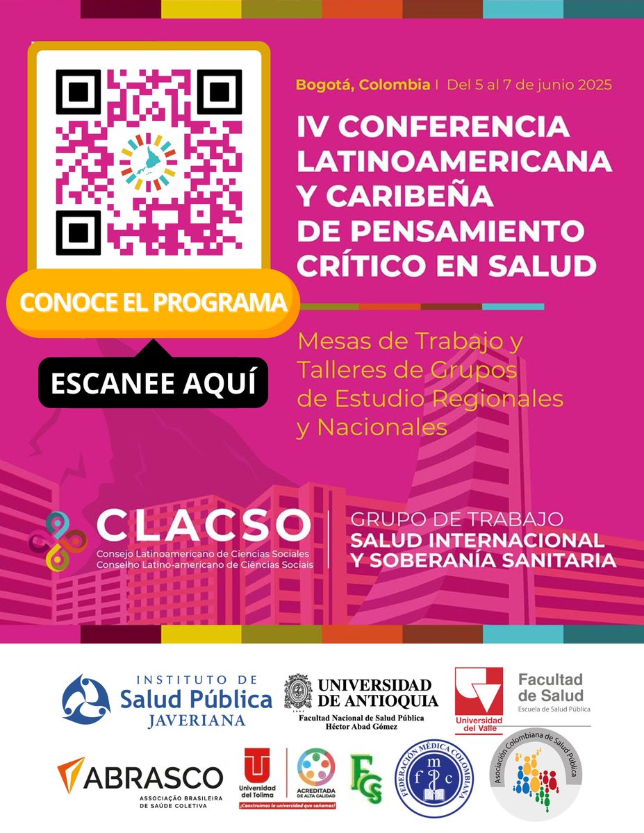 #Noticias La presidenta de la <a href="/FedemedicaC/">Federación Médica Colombiana FMC</a>, Dra. <a href="/amsoleibe/">Ana María Soleibe</a>, participará en 🌎 #CLACSO2025 y en la IV Conferencia Latinoamericana Caribeña de #PensamientoCríticoEnSalud.
📍 Bogotá | 5-7 junio

federacionmedicacolombiana.com/2025/05/29/pre…

🖇️Inscripción libre: conferenciaclacso.org 🧵👇🏻