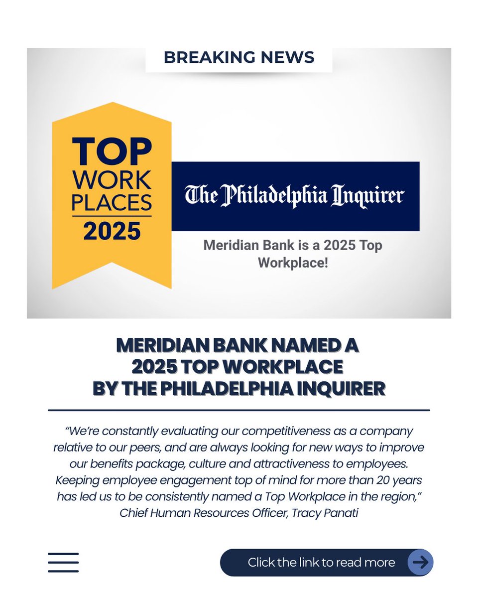 Meridian Bank has been named a Top Workplace in the Delaware Valley by <a href="/PhillyInquirer/">The Philadelphia Inquirer</a>. Ranked fourth among companies with 150-499 employees, Meridian is the highest-ranking financial institution.
 
Click the link to read more: investor.meridianbanker.com/documents/meri…